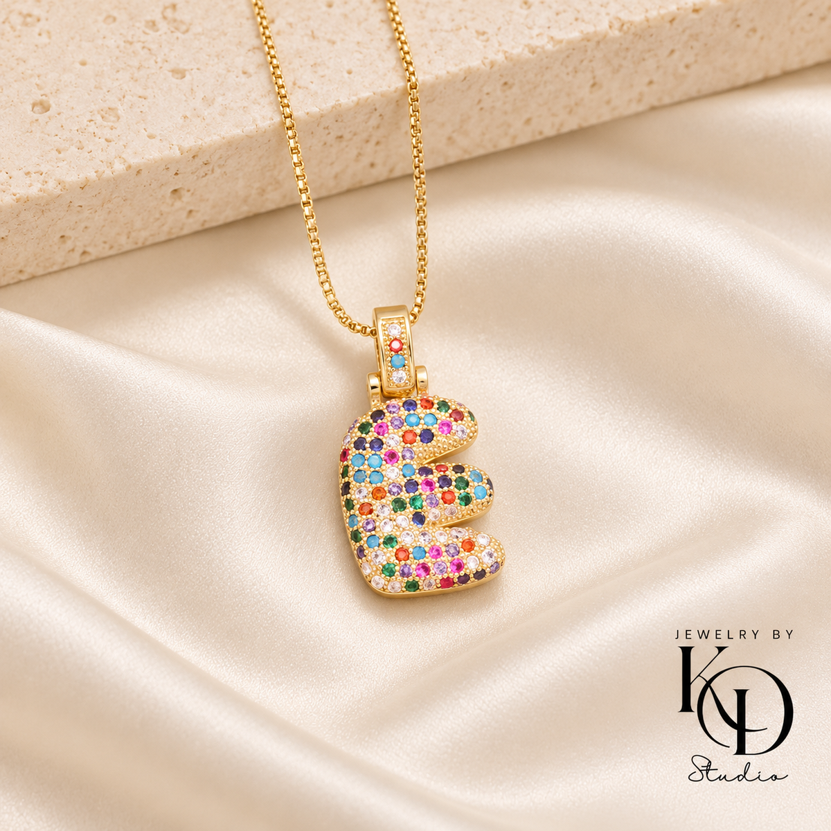 Puffy Rainbow Initial Necklace — E gold