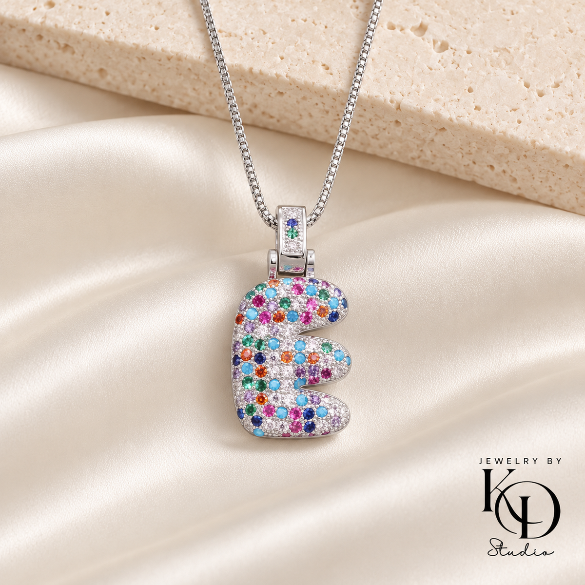 Puffy Rainbow Initial Necklace — E silver