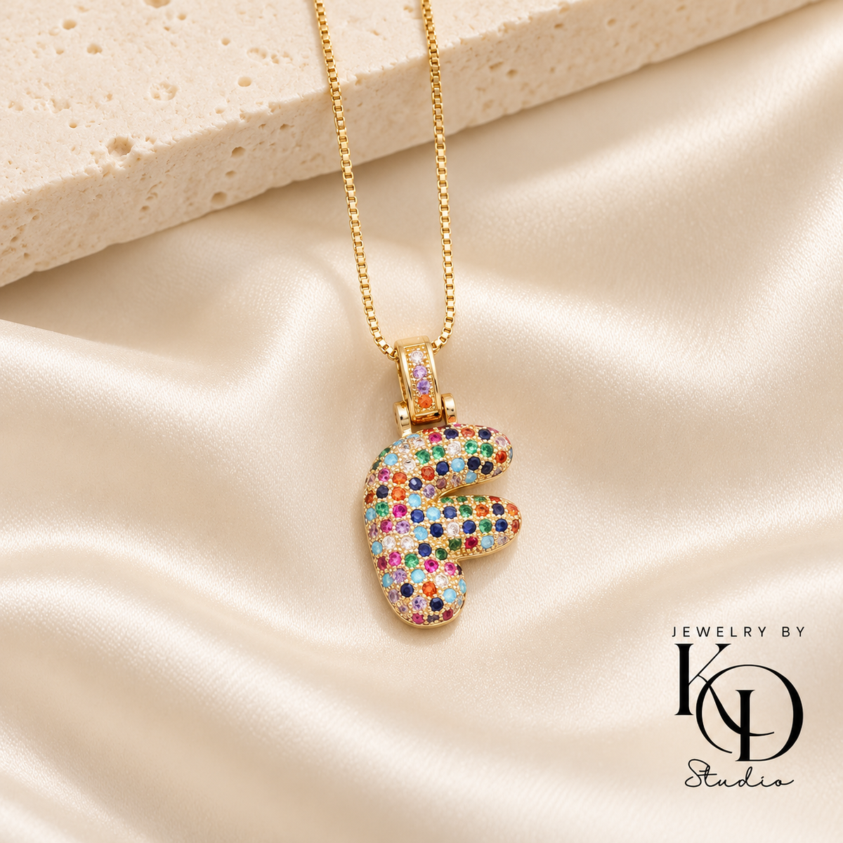 Puffy Rainbow Initial Necklace — F gold
