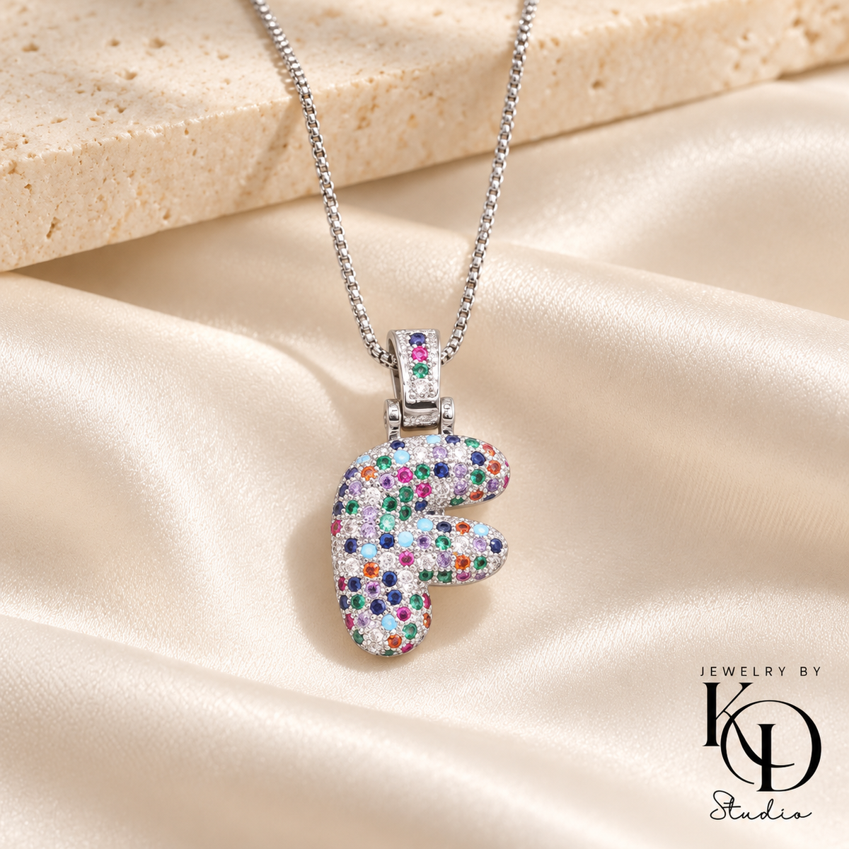 Puffy Rainbow Initial Necklace — F silver