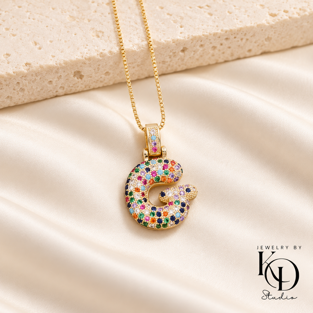 Puffy Rainbow Initial Necklace — G gold