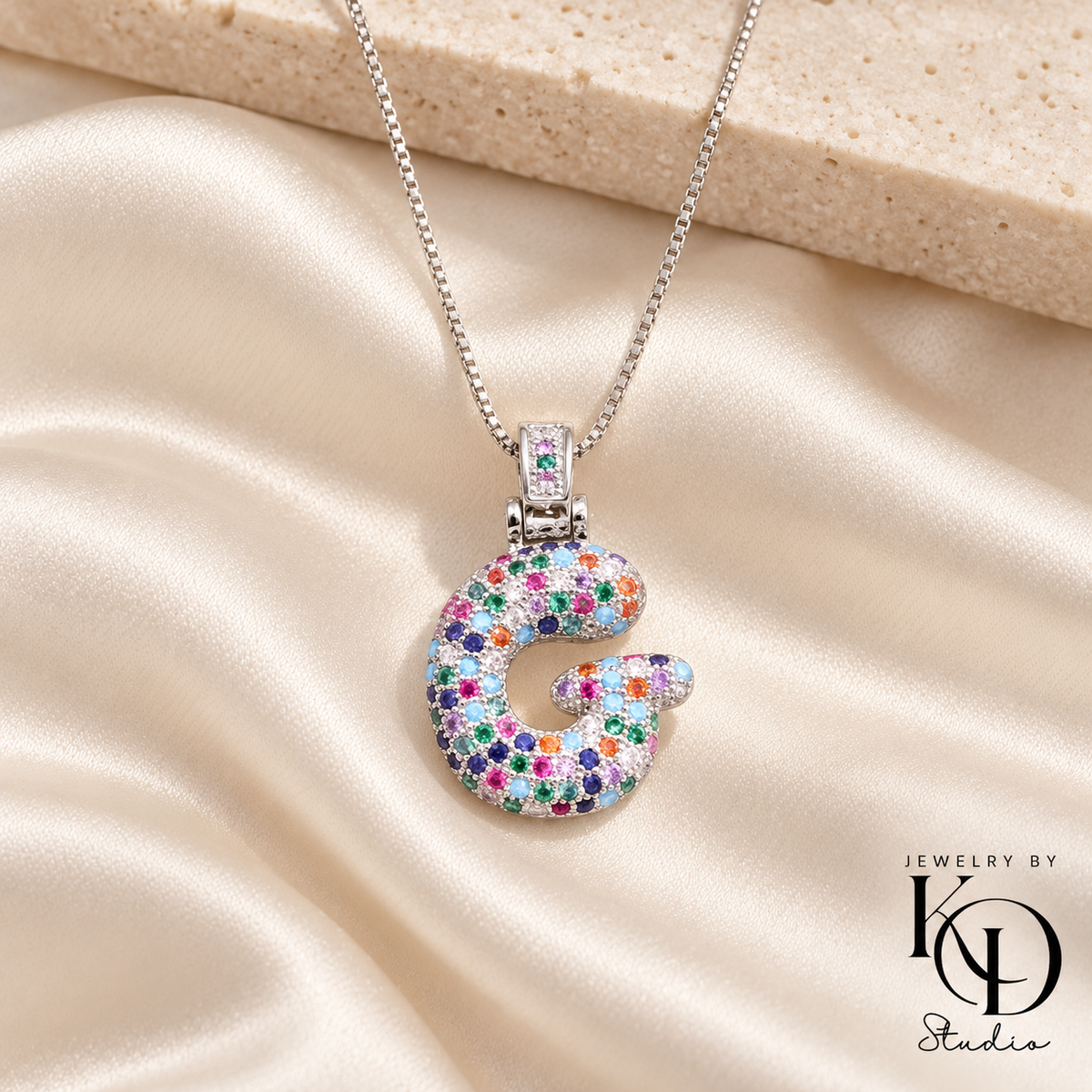 Puffy Rainbow Initial Necklace — G silver