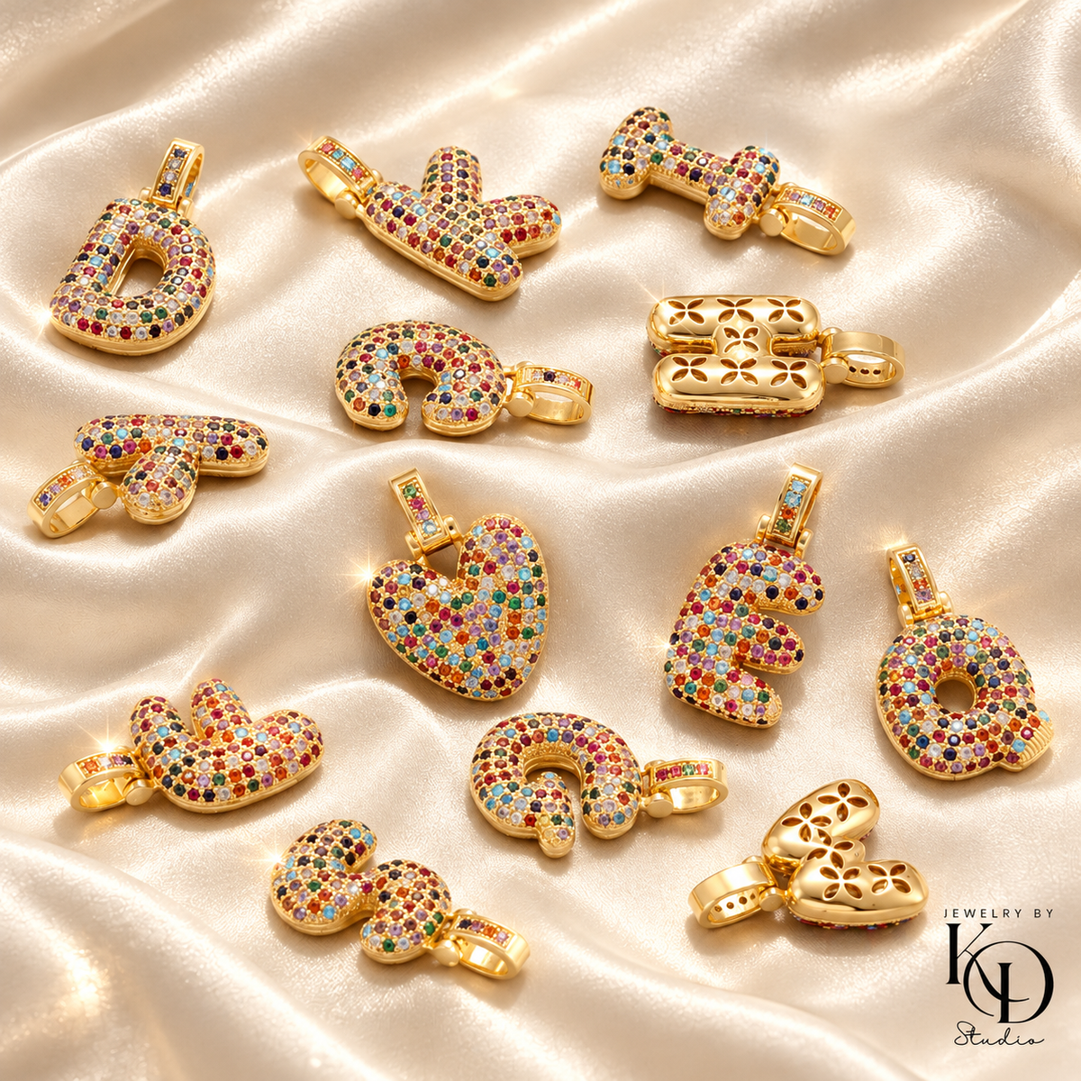 Puffy Rainbow Initial Necklace — gold group