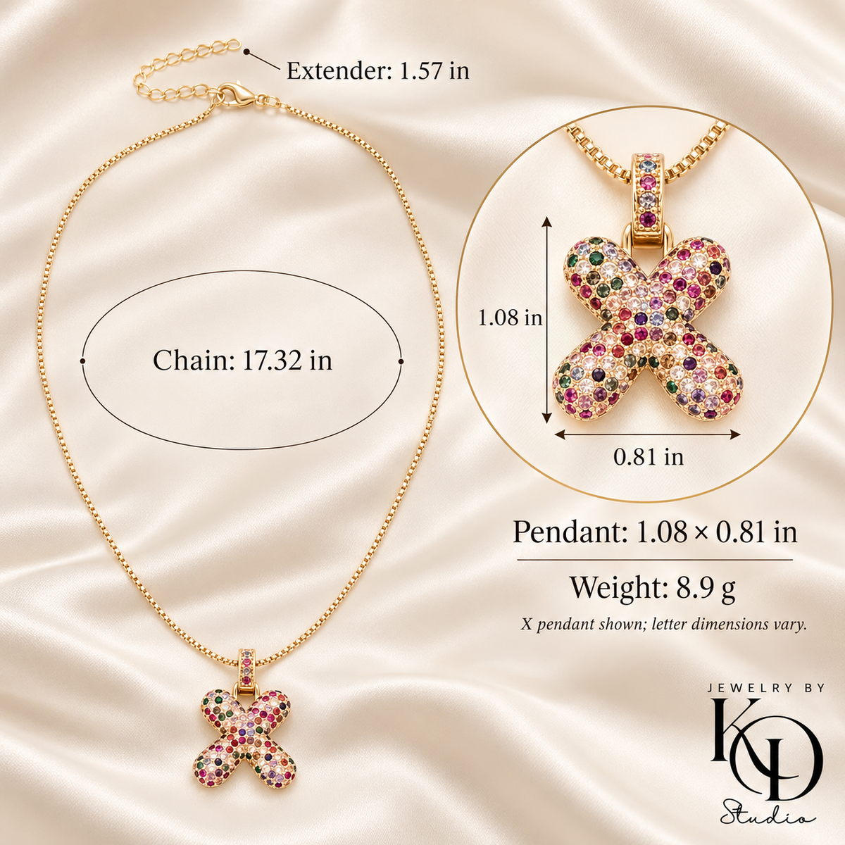 Puffy Rainbow Initial Necklace — gold measurements