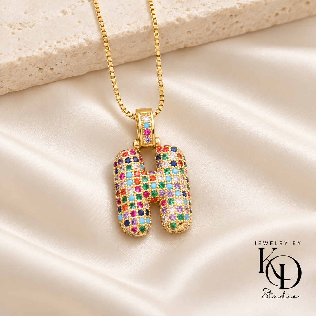 Puffy Rainbow Initial Necklace — H gold