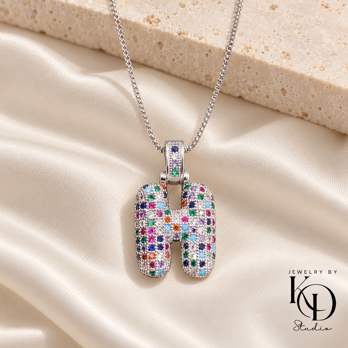 Puffy Rainbow Initial Necklace — H silver