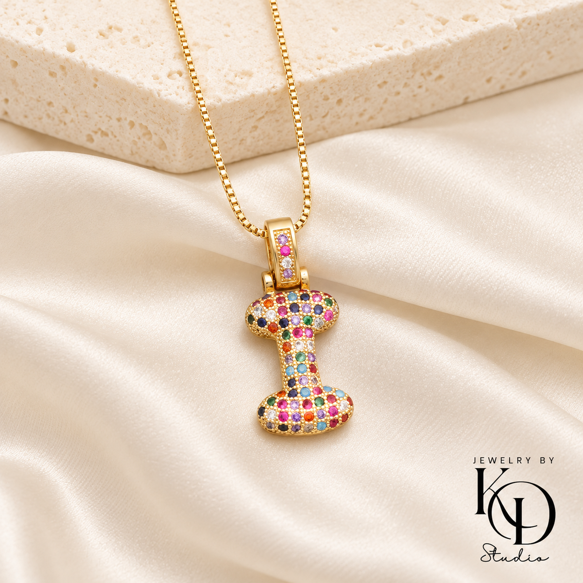 Puffy Rainbow Initial Necklace — I gold
