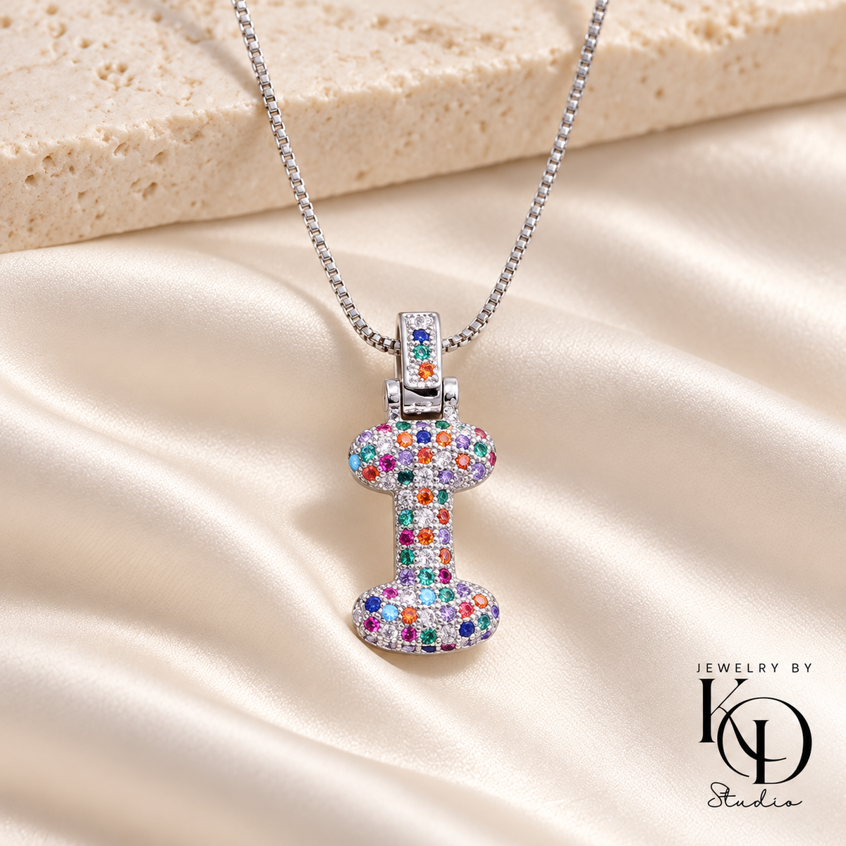 Puffy Rainbow Initial Necklace — I silver