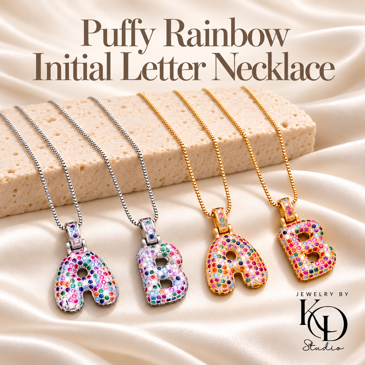 Puffy Rainbow Initial Letter Necklace in yellow and white gold finishes