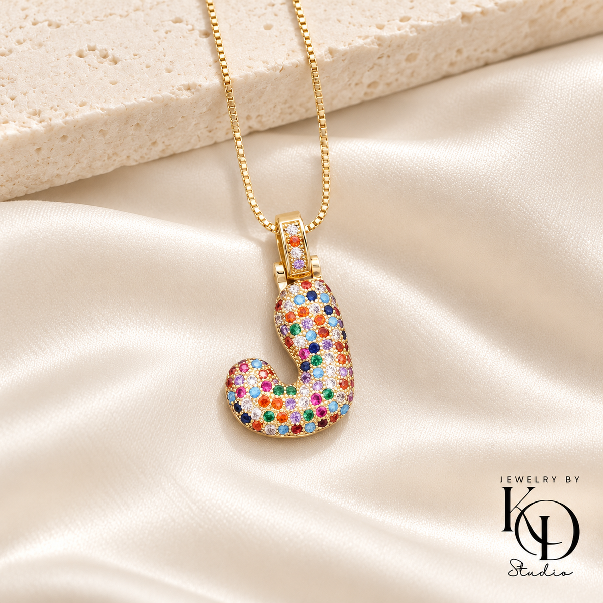Puffy Rainbow Initial Necklace — J gold