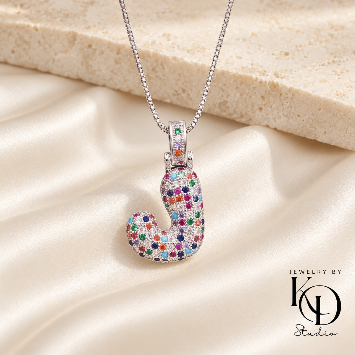 Puffy Rainbow Initial Necklace — J silver