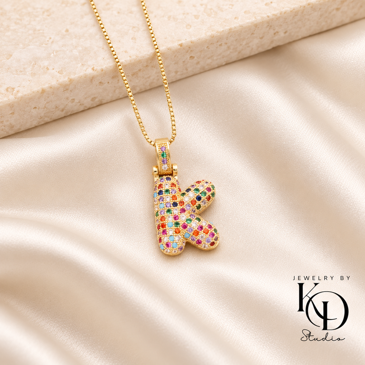 Puffy Rainbow Initial Necklace — K gold
