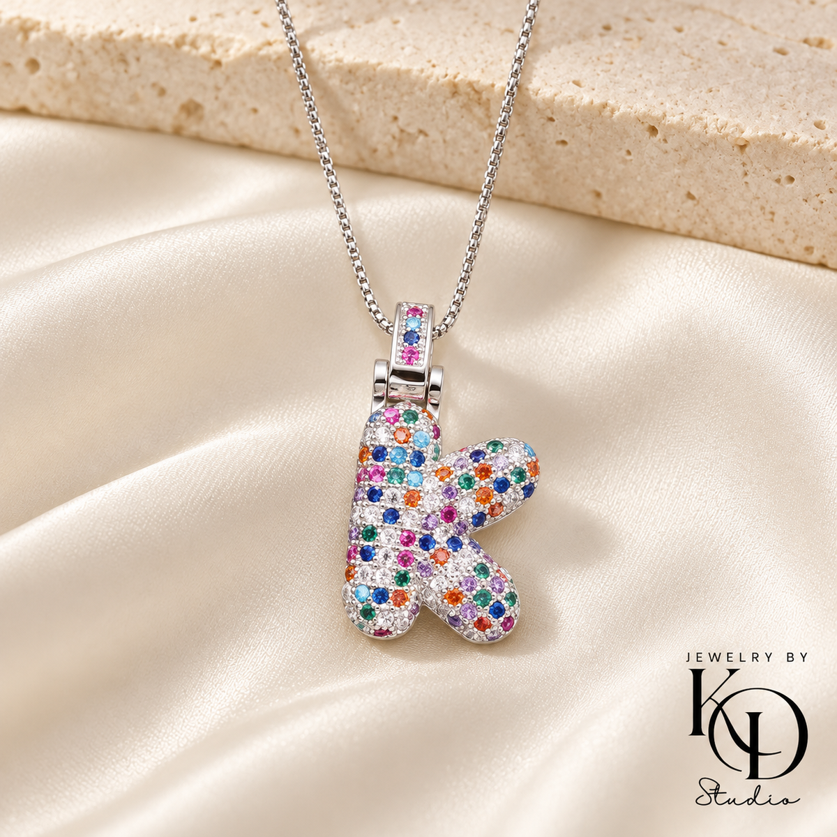 Puffy Rainbow Initial Necklace — K silver
