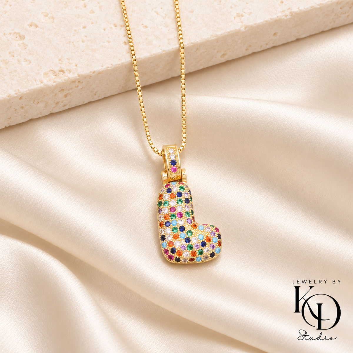 Puffy Rainbow Initial Necklace — L gold
