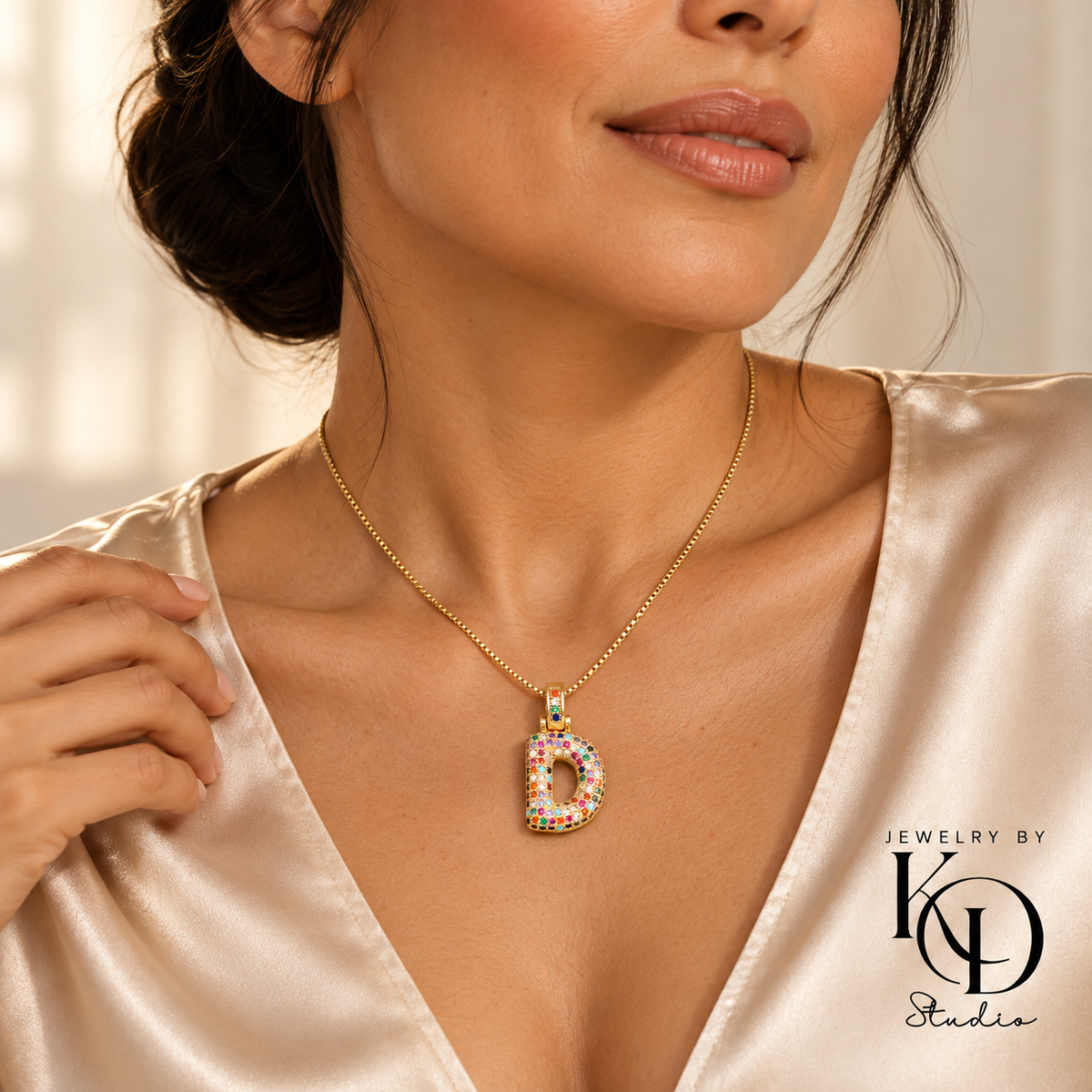 Puffy Rainbow Initial Necklace — model gold D