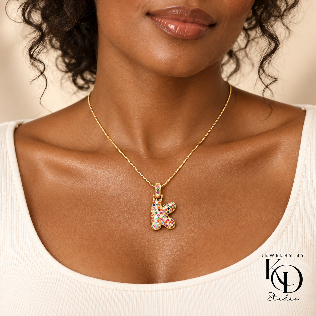 Puffy Rainbow Initial Necklace — model gold K