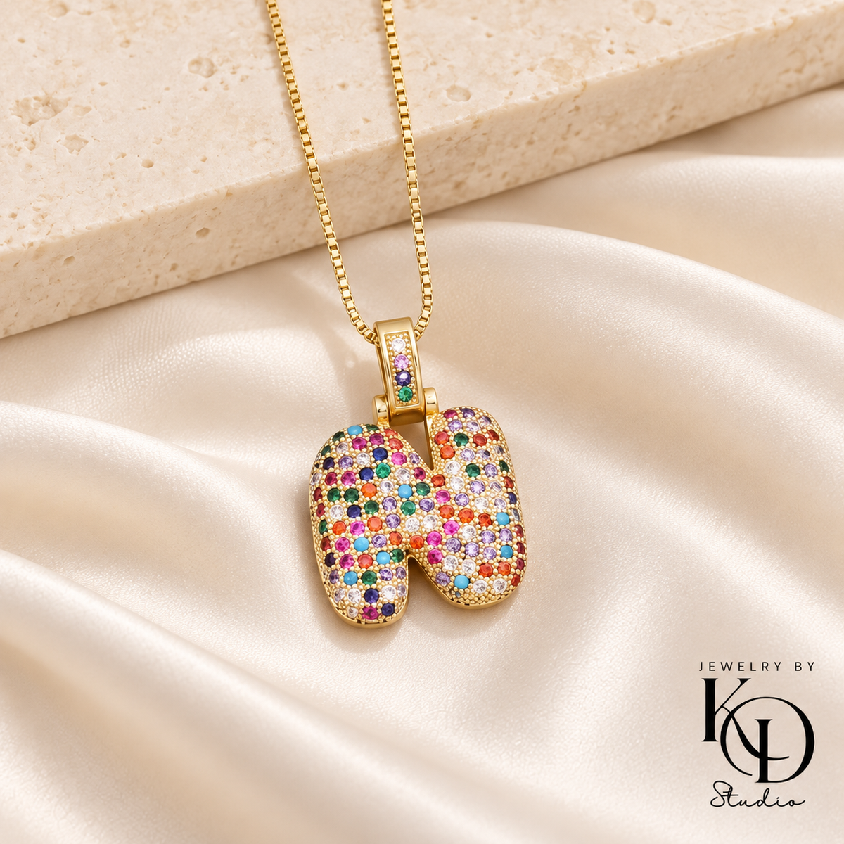 Puffy Rainbow Initial Necklace — N gold