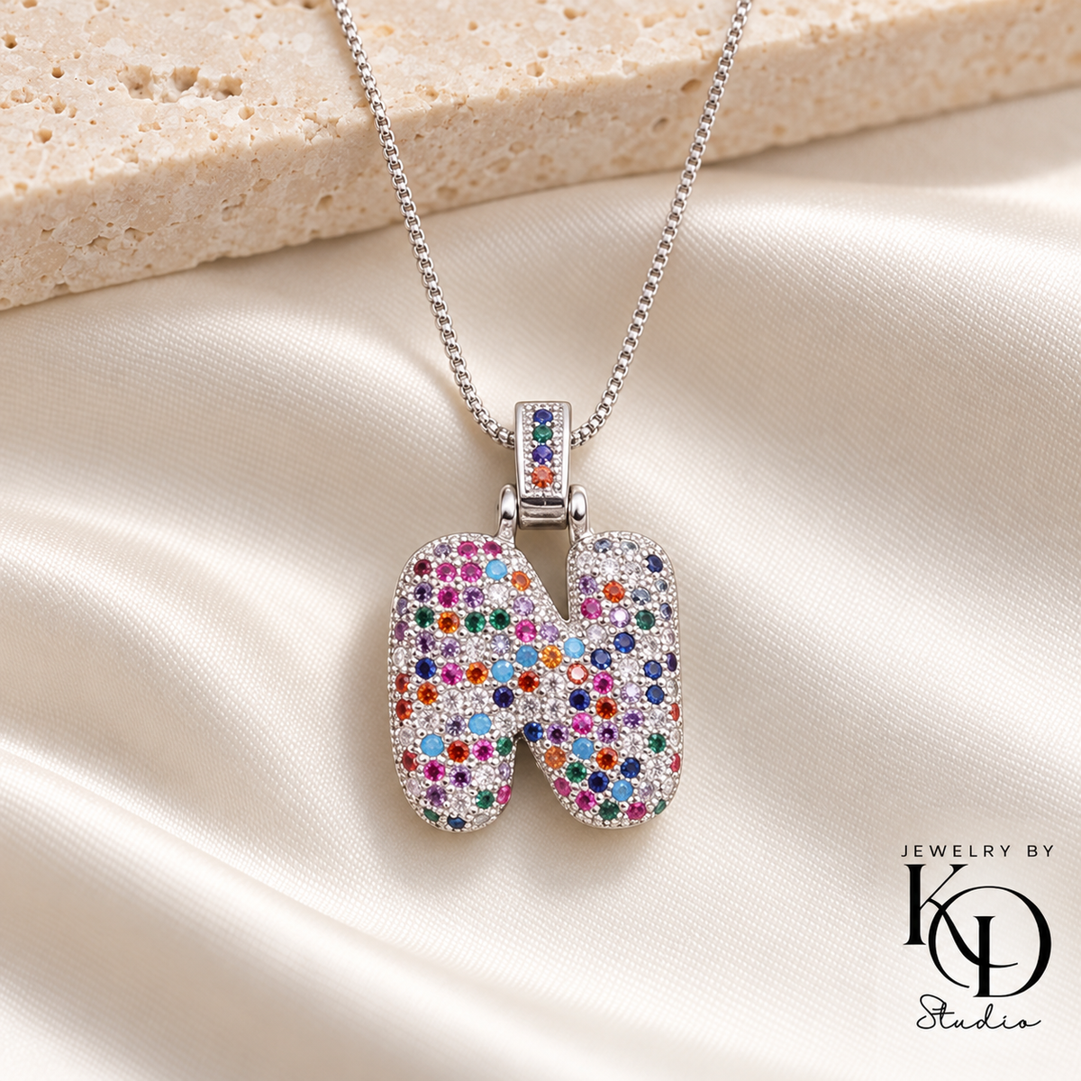 Puffy Rainbow Initial Necklace — N silver
