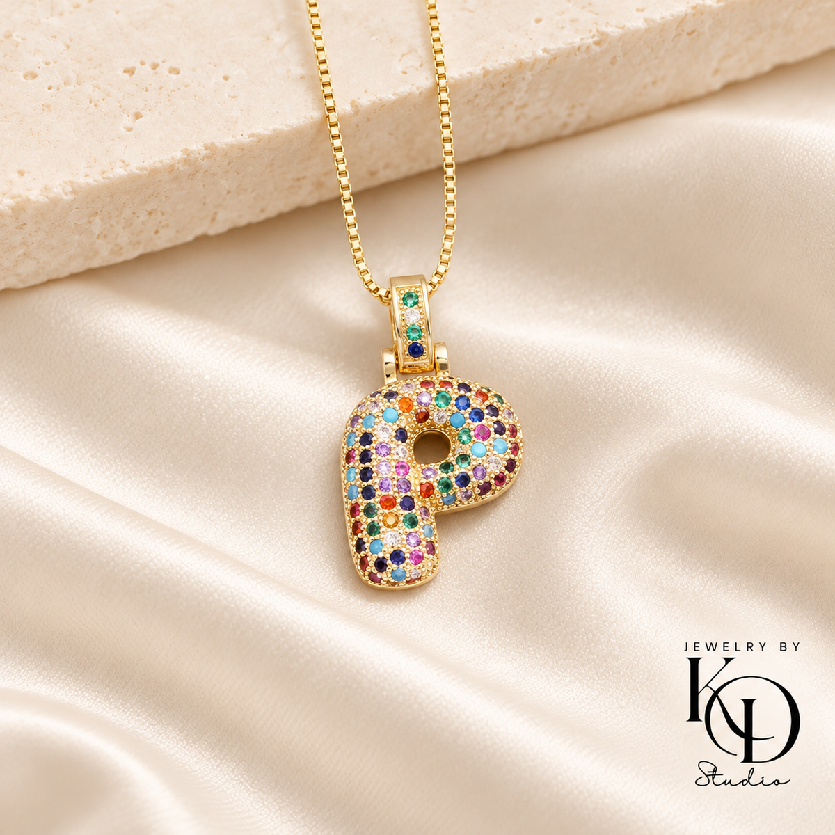 Puffy Rainbow Initial Necklace — P gold