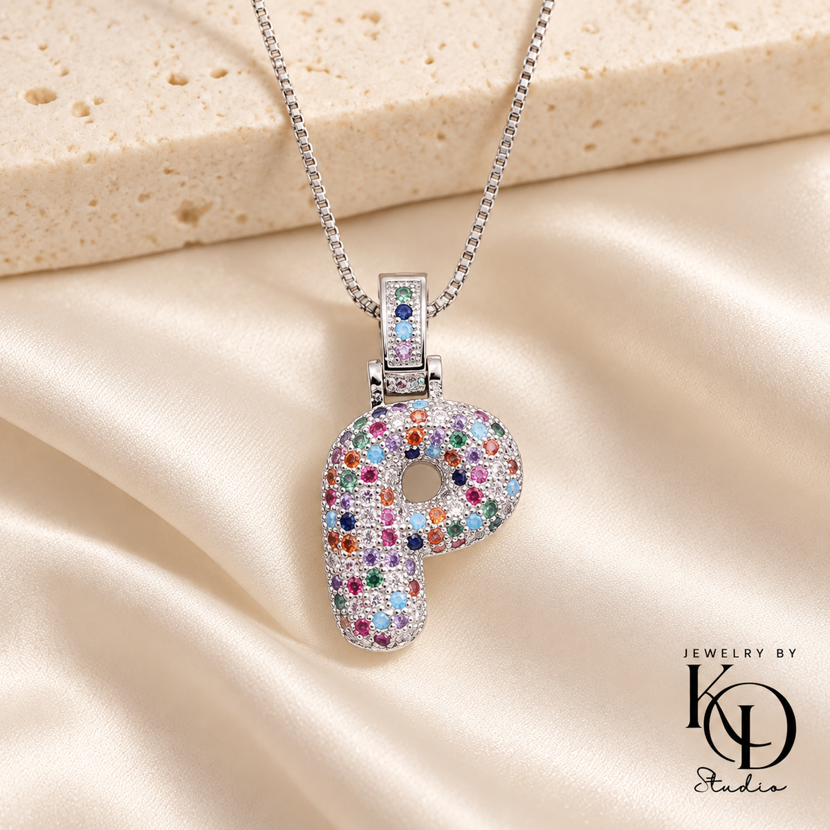 Puffy Rainbow Initial Necklace — P silver