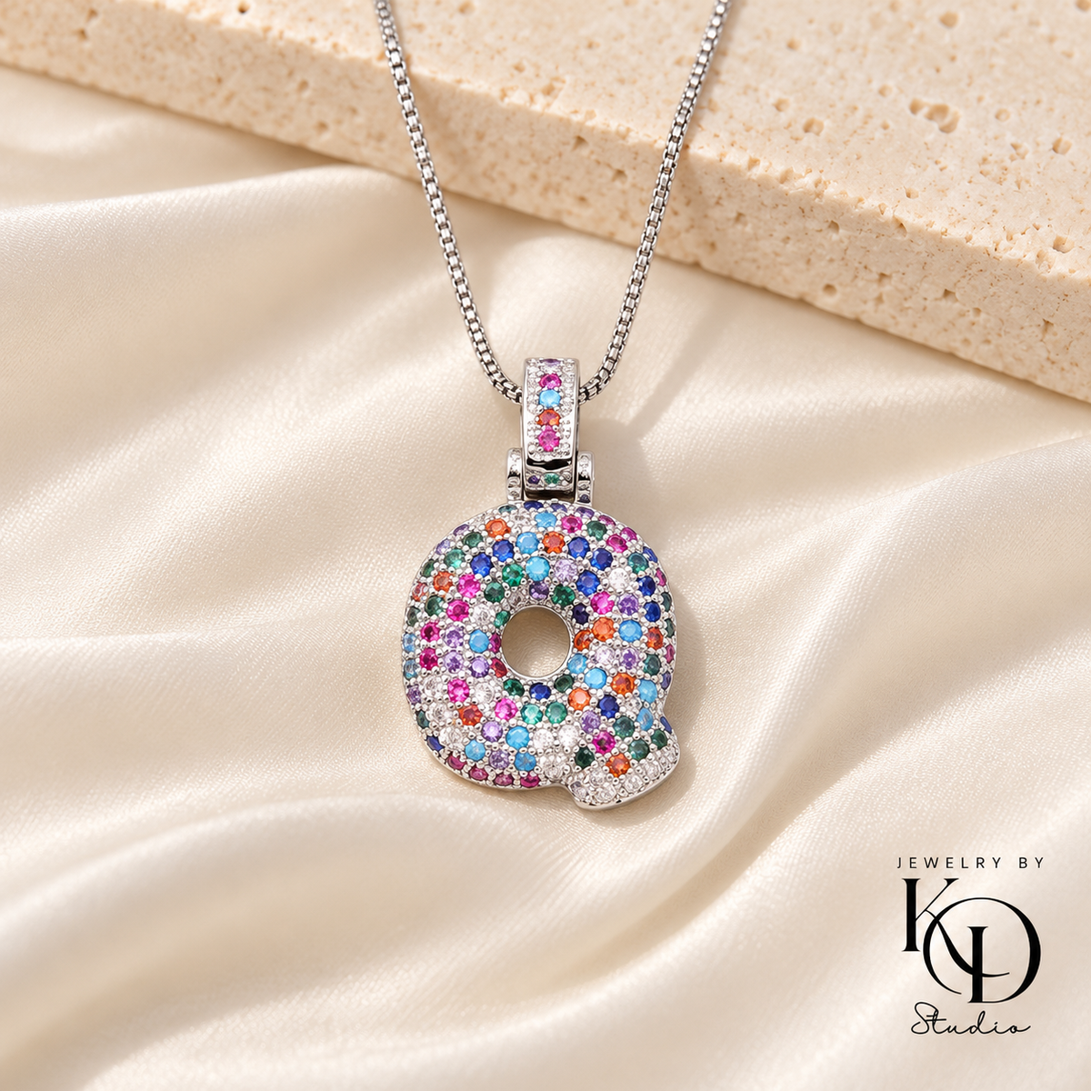 Puffy Rainbow Initial Necklace — Q silver