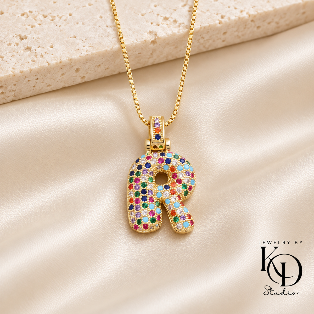 Puffy Rainbow Initial Necklace — R gold