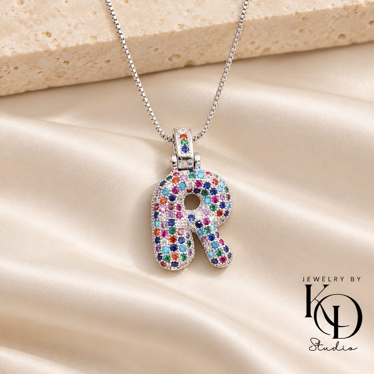 Puffy Rainbow Initial Necklace — R silver