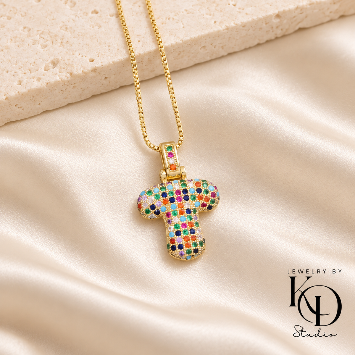 Puffy Rainbow Initial Necklace — T gold