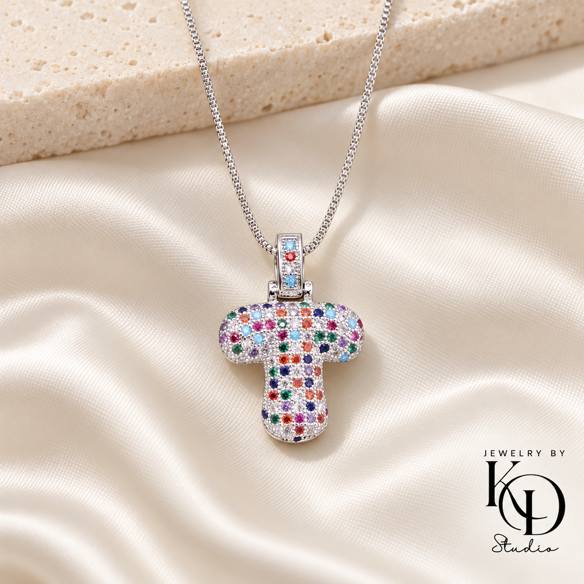 Puffy Rainbow Initial Necklace — T silver