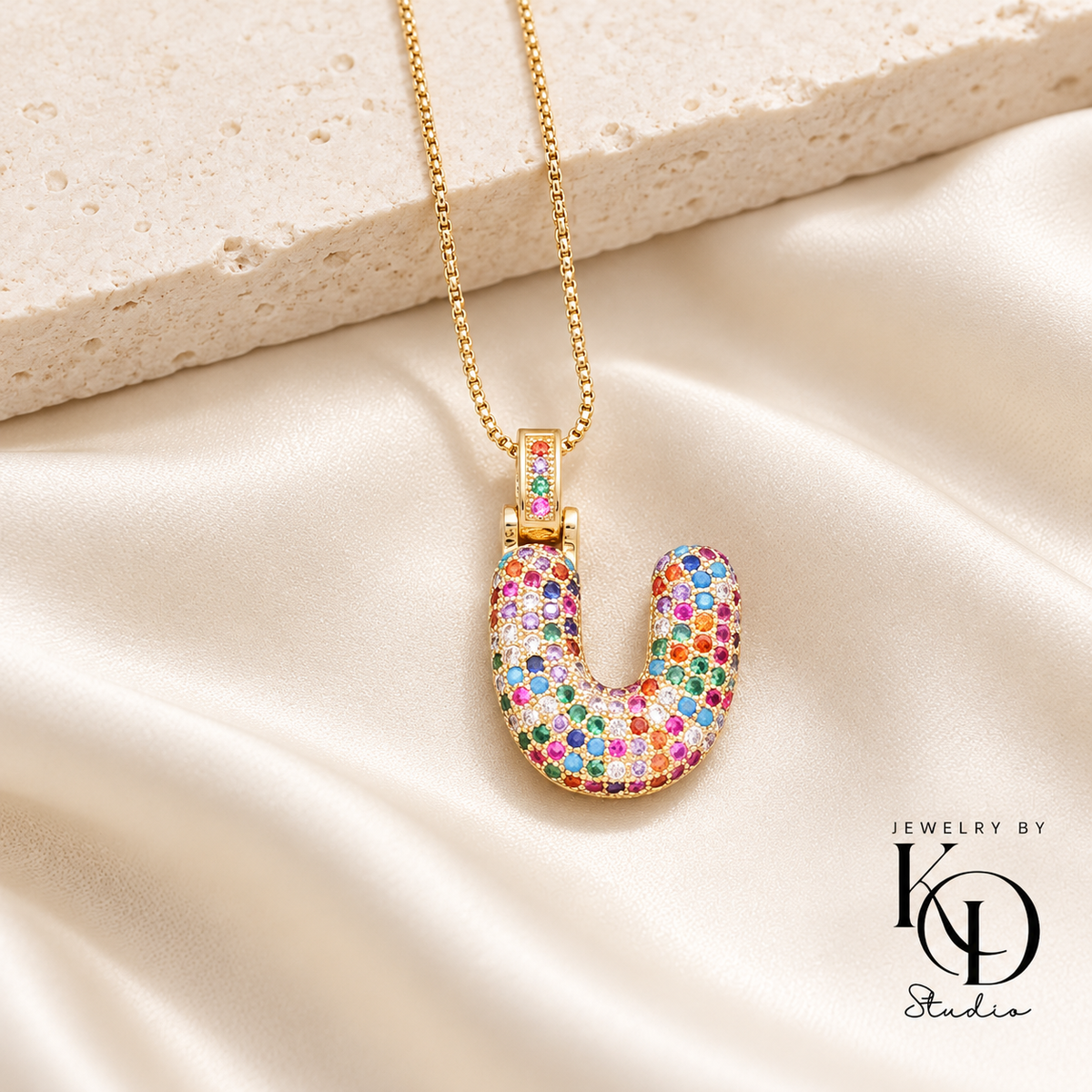 Puffy Rainbow Initial Necklace — U gold