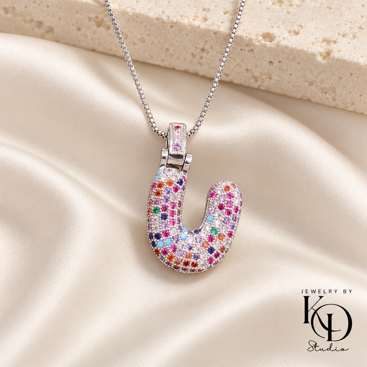 Puffy Rainbow Initial Necklace — U silver