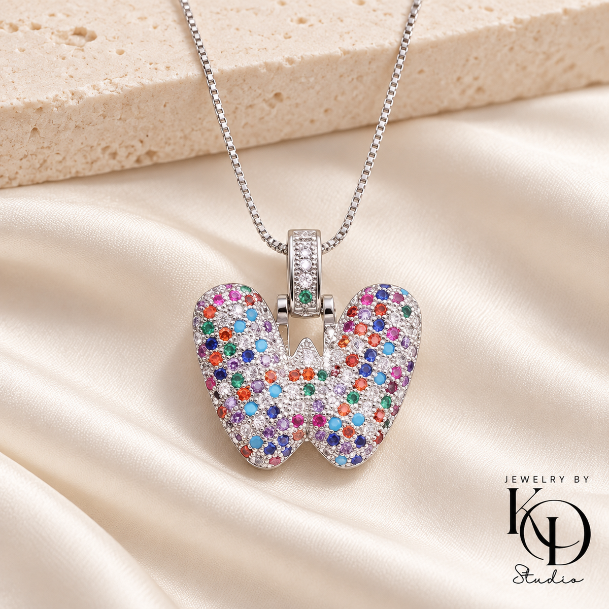 Puffy Rainbow Initial Necklace — W silver