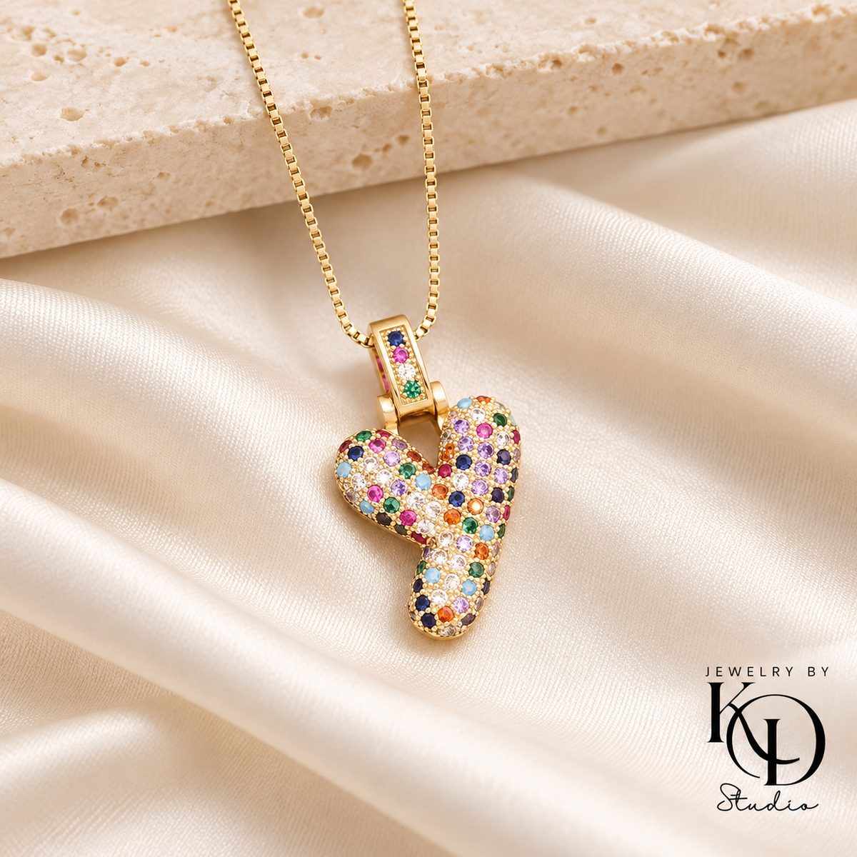 Puffy Rainbow Initial Necklace — Y gold