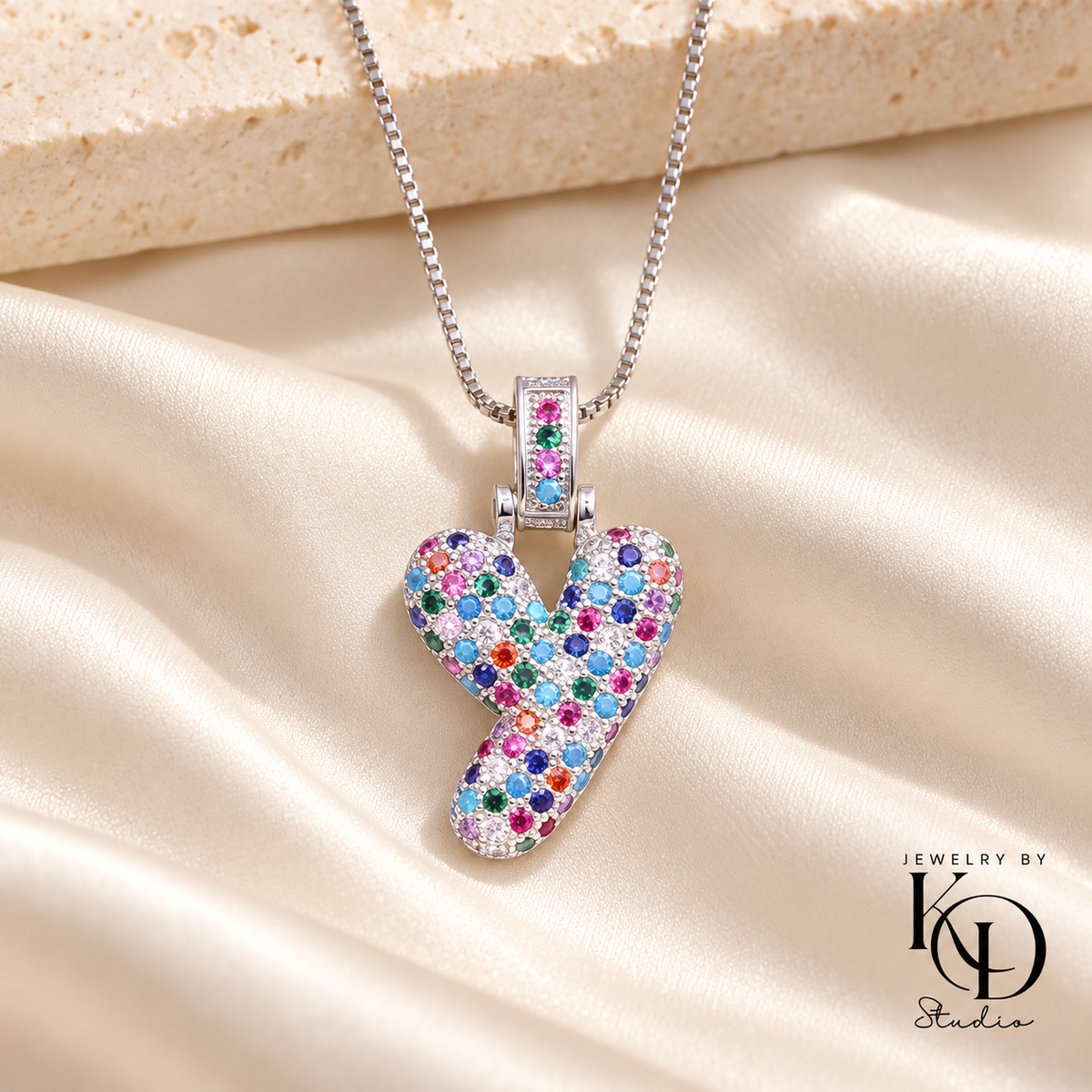 Puffy Rainbow Initial Necklace — Y silver