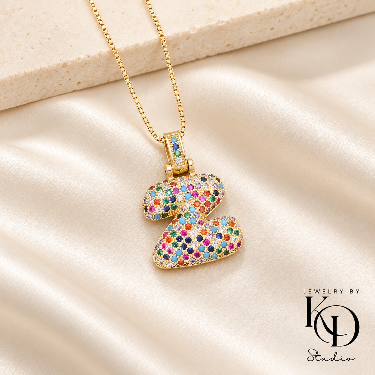 Puffy Rainbow Initial Necklace — Z gold