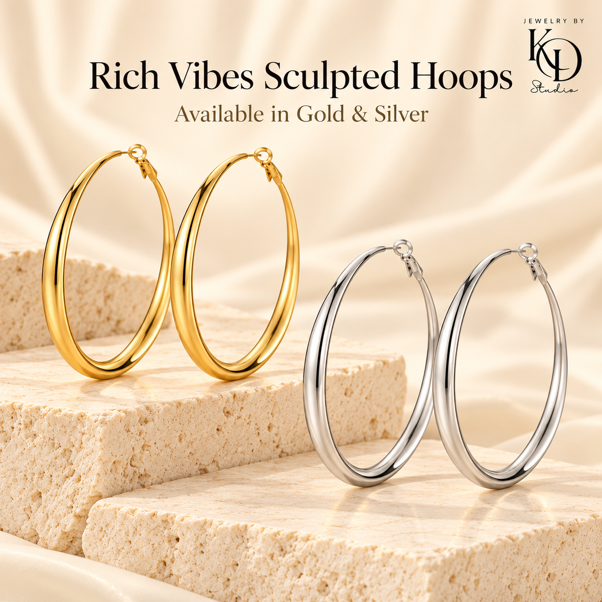 Rich Vibes Sculpted Hoops in gold and silver